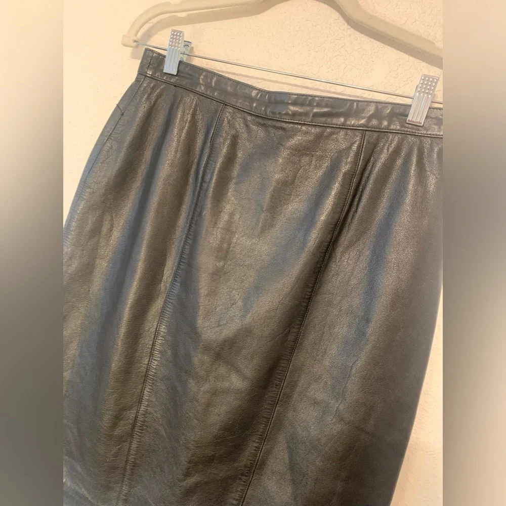 Vintage Evan Davies 100% Soft Cow Leather Black Pencil Skirt Petites Size 12